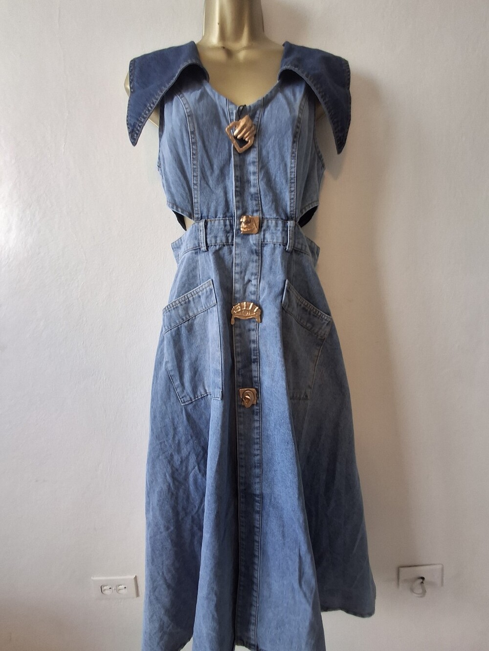 Denim Blue Button-Front Midi Dress with Statement Collar